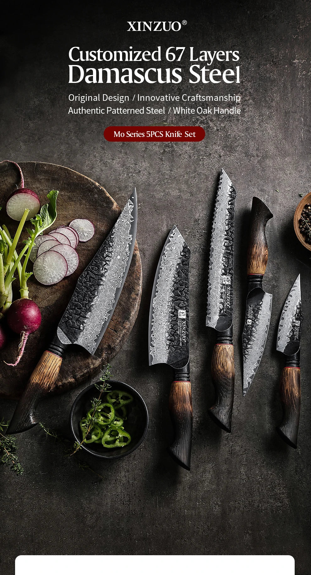 XINZUO 1-5PCS Damascus Steel Kitchen Knife 10Cr15CoMov Steel Core Chopping Vegetables And Fruits Household Kitchen Knife.
