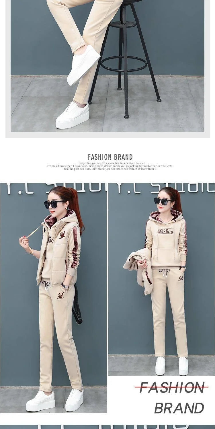 2024 Autumn Winter New Women's Casual Sweat Suit Fashion Plush Thickened Hooded Tops Waistcoat Pants 3 Three Piece Set For Women.