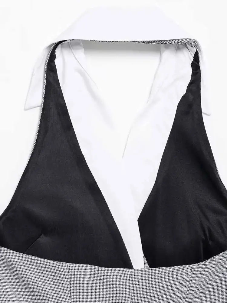 TRZA Mode Zweireiher Plaid Halter Mini Kleid für Frauen Front Klappen Taschen Backless Weibliche Kleider Vestidos Mujer.