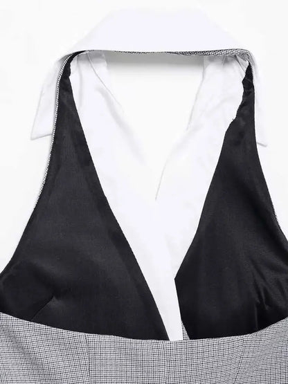 TRZA Mode Zweireiher Plaid Halter Mini Kleid für Frauen Front Klappen Taschen Backless Weibliche Kleider Vestidos Mujer.