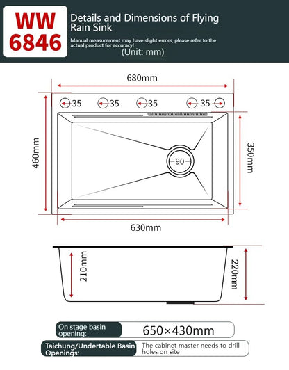 Stainless Steel Kitchen Sink With Waterfall Nano Embossed Large Single Slot Vegetable and Dishwashing Sinks Udermount Basin