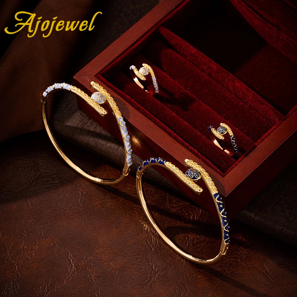 Ajojewel Golden Dubai Bride Jewelry Set Blue Enamel Bangle Ring Adjustable Bangles For Woman.