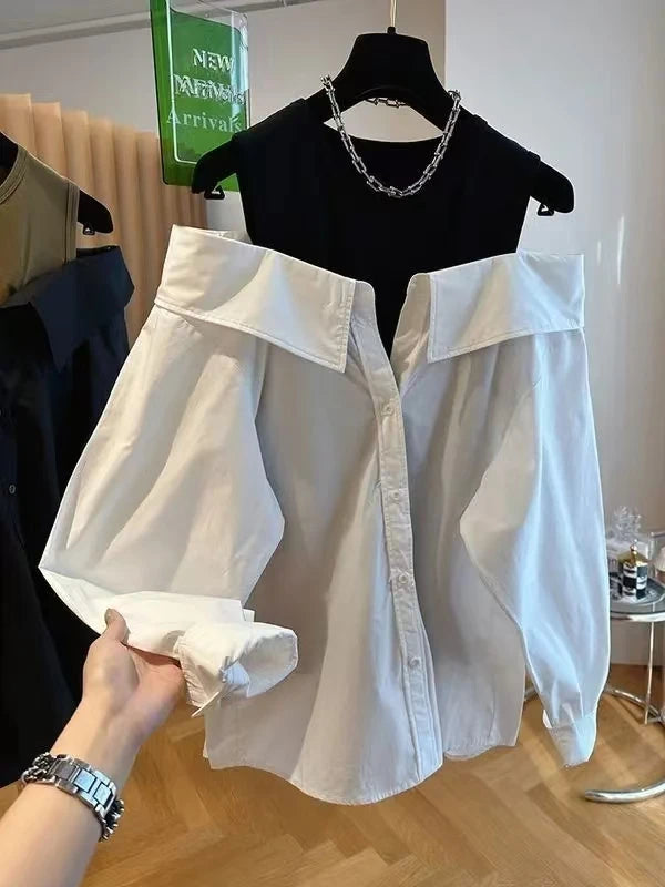 New Off The Shoulder Blouses Women Slim and Loose Tank Top Spliced Long Sleeve Shirts Autumn Round Neck Fashion Shirts Women Top.