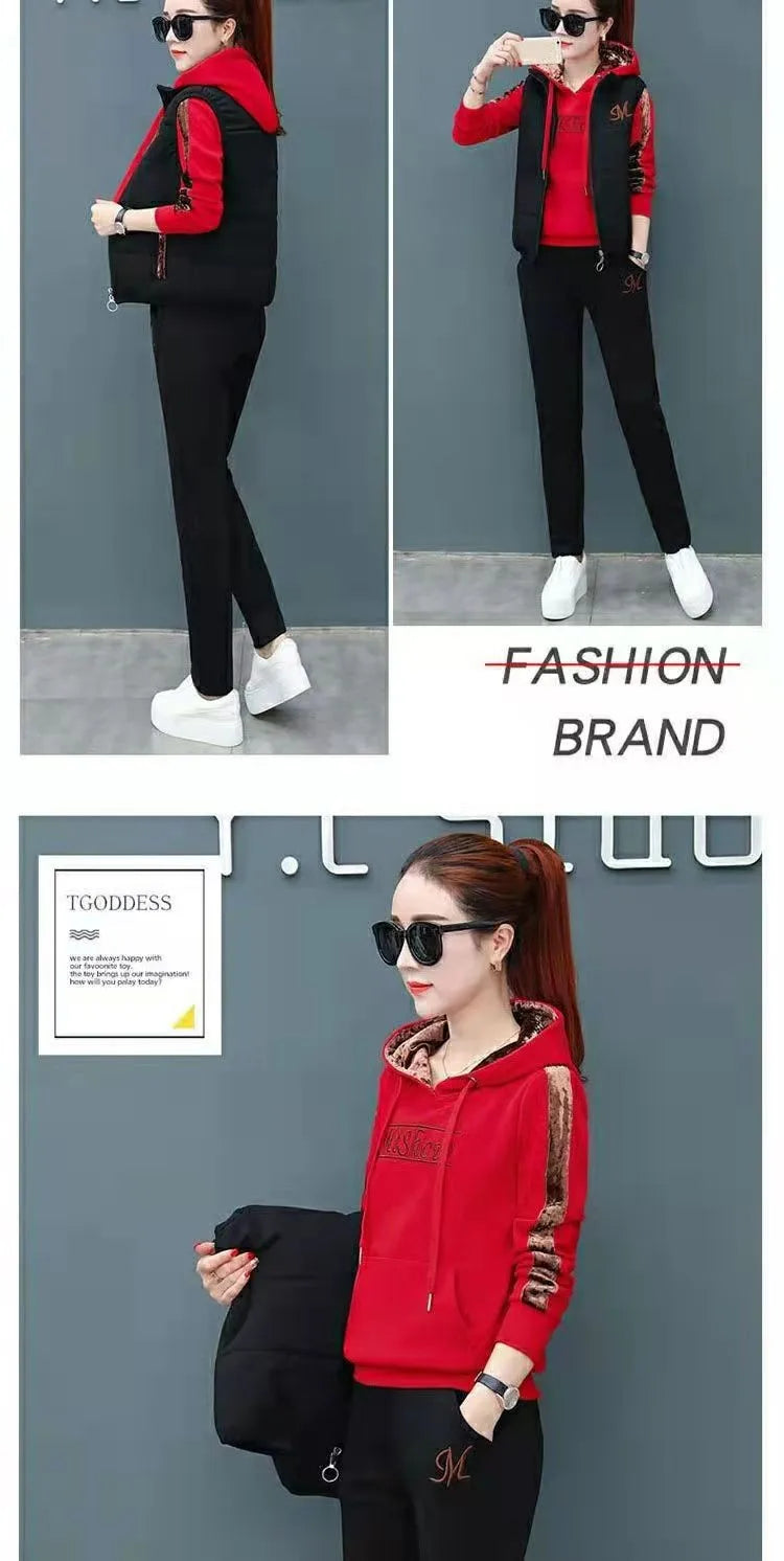 Winter 3 Pcs/Set Women Waistcoat Top Pants Set Letter Embroidery Ladies Winter Tracksuit Color Block Three-piece Sweatpants Set