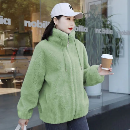 Frauen Winter Doppel Korallen Fleece Warme Mantel Stehkragen Plüsch Dicken Mantel Weibliche Mode Casual Langarm Zipper Kleidung.