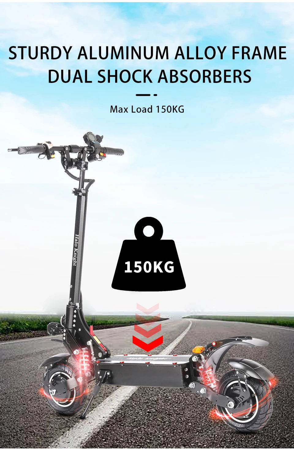 Halo Knight T108 28.8Ah 1000W Dual Motor Faldable Electric Scooter 65KM/H Max Range 60KM On-Road Tire E Scooter with Suspension.