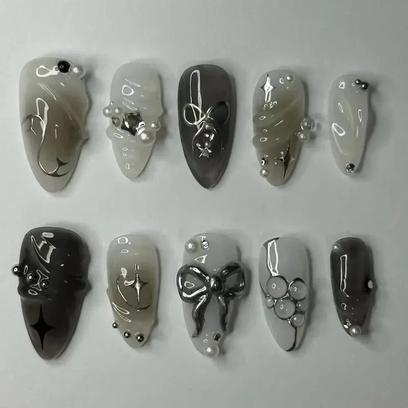 24Pcs False Nails Spicy Girl Silver Bow with Diamond Fake Nails with Glue Almond Press on Nails Black Cool Y2k Almond Nail Set.