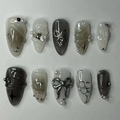 24Pcs False Nails Spicy Girl Silver Bow with Diamond Fake Nails with Glue Almond Press on Nails Black Cool Y2k Almond Nail Set.