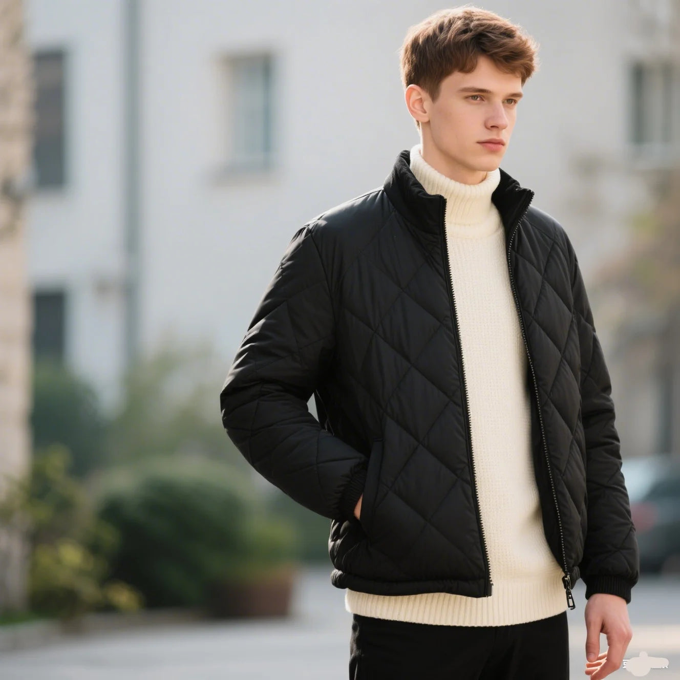 Men's winter standing collar cotton jacket with diamond grid pattern warm jacket, casual solid color fashionable simple jacket.