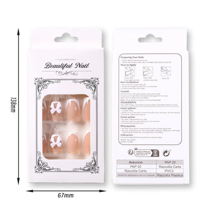24Pcs White French Press On Nails 3D Bow Design Full Cover Wearable False Nails Short Square Head Ballet Fake Nails For Women.