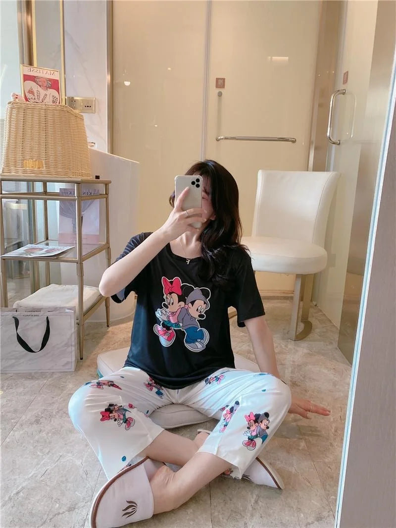 Sommer Pooh Bär Nachtwäsche frauen Lose Bequeme Cartoon Print Hause Kleidung Set Kurzarm Nachthemd Mickey Pyjama Set