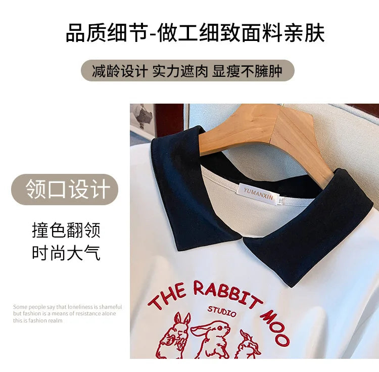 175kg plus size Damen büste Frühling Herbst loser Polo kragen Kaninchen besticktes Sweatshirt schwarz weiß 5xl 6xl 7xl 8xl 9xl.