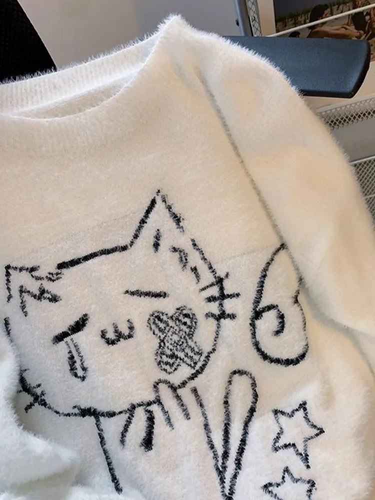 Vintage Preppy Kawaii Cartoon Jacquard Pullover Süße Harajuku Lose Grunge Pullover Y2k Ästhetische Frauen Weiße Gestrickte Pullover.