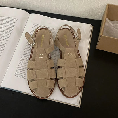 DIMANYU Women's Roman Sandals 2023 Summer New Flat Retro Real Leather Ladies Sandals Hollowed Women's Cage Shoes.