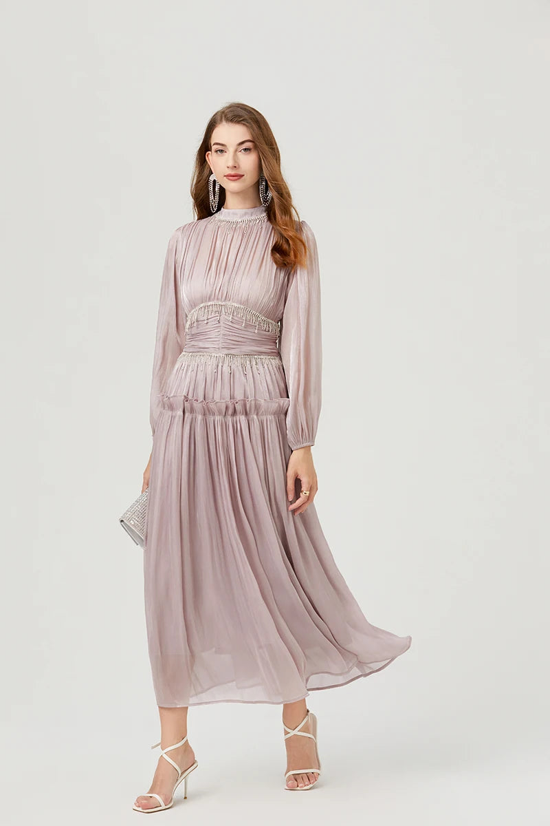 Französisch Luxus Kristall Perlen Quaste Glanz Roben Urlaub Frauen stehen Laterne Ärmel Rüschen plissiert formale Gelegenheit Ballkleid 622.