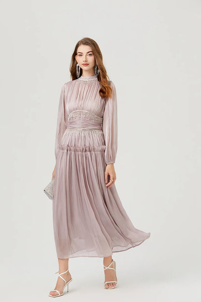 Französisch Luxus Kristall Perlen Quaste Glanz Roben Urlaub Frauen stehen Laterne Ärmel Rüschen plissiert formale Gelegenheit Ballkleid 622.