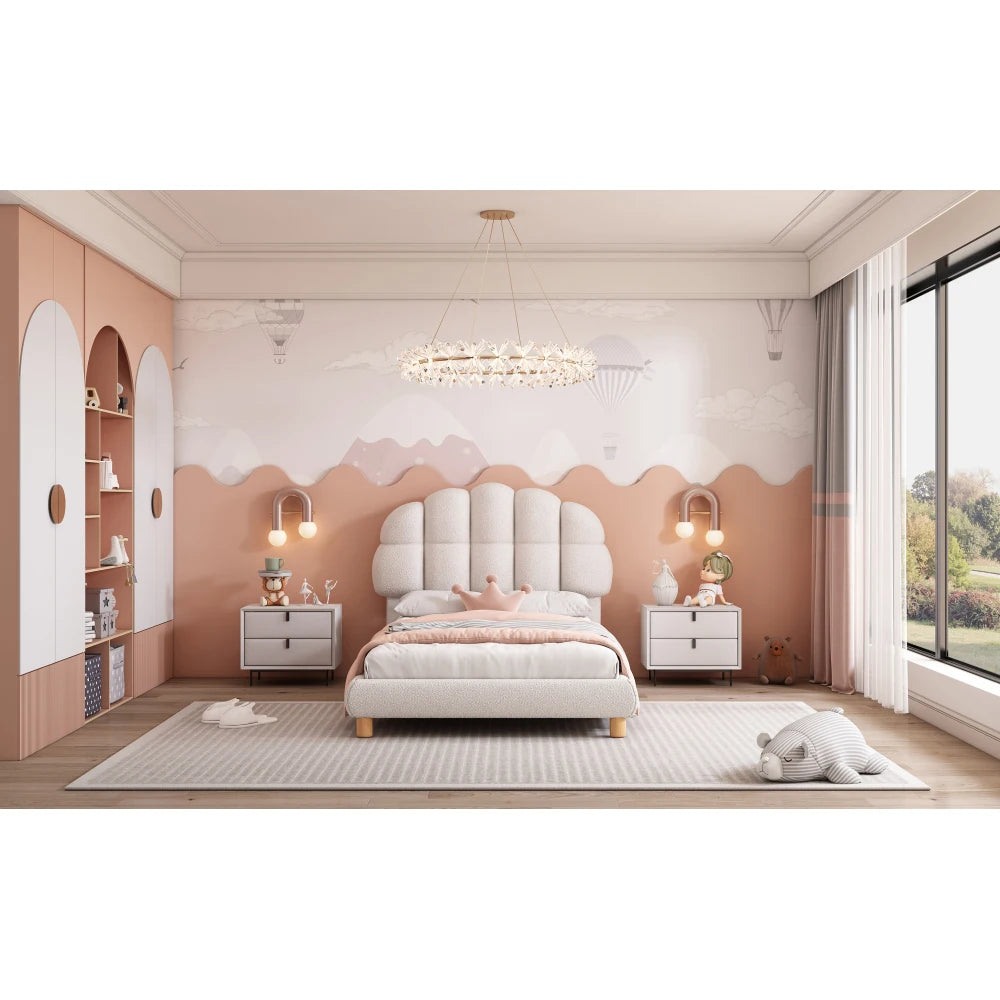 Modernes 90x200cm Einzelbett, Kinderbett, Jugendbett, Polsterbett, Holzgittergrill, Fleeceimitation, Weiß und Rosa