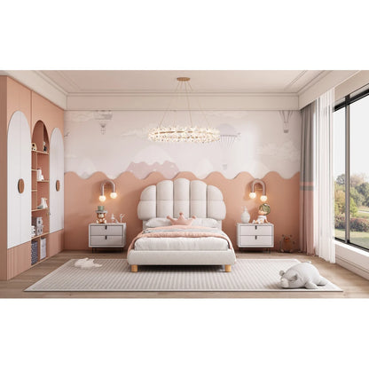 Modernes 90x200cm Einzelbett, Kinderbett, Jugendbett, Polsterbett, Holzgittergrill, Fleeceimitation, Weiß und Rosa