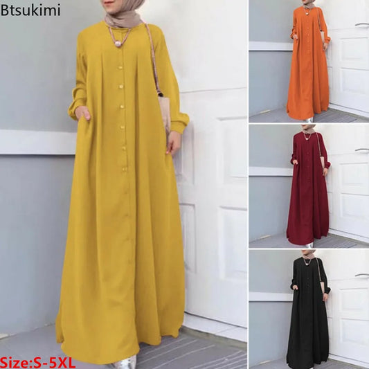 2025Spring Autumn Maxi Long Dress Women Muslim Long Sleeve Dress Loose Casual Dresses Vintage Hijab Islamic Clothing Caftan Robe.