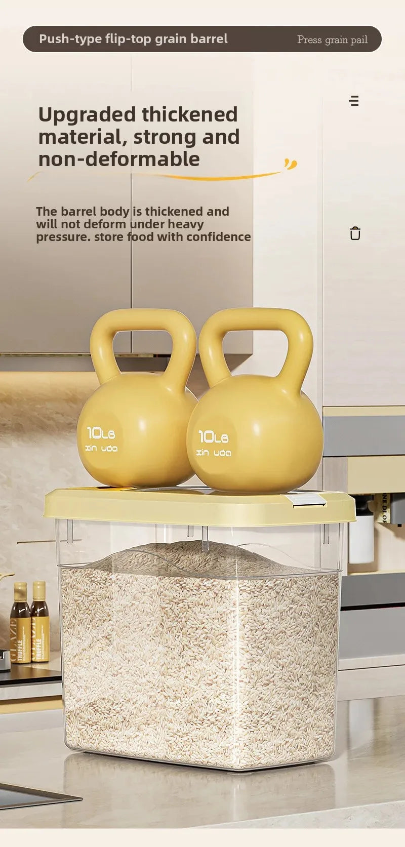 Food Grade Press to Open Seal Moisture Proof Insect Resistant Large Capacity Grain Storage Box Home Use Rice Tub for Grains.