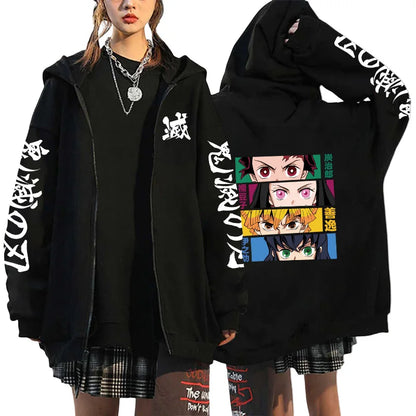 Japan Anime Print Black Hoodie Woman Hooded Long Sleeve Zipper Jacket Tanjirou Zenitsu Inosuke Pattern Sweatshirt Autumn Coat.
