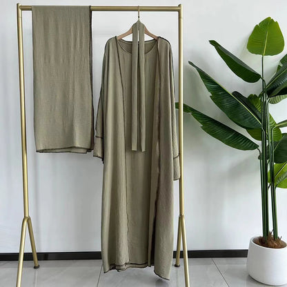 Three Piece Abaya Set With Hijab Free Belt Jazz Crepe Kimono Sleeveless Under Dress EID Ramadan Muslim Women Islamic Clothing.