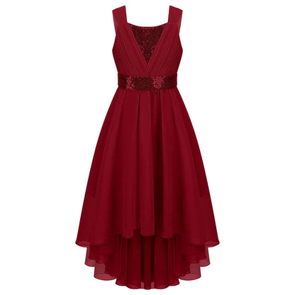 Kinder Blumenmädchenkleid Ärmellos Pailletten Hi-Low-Saum Abendkleid Elegantes Chiffon Prinzessin Geburtstag Formales Hochzeitskleid