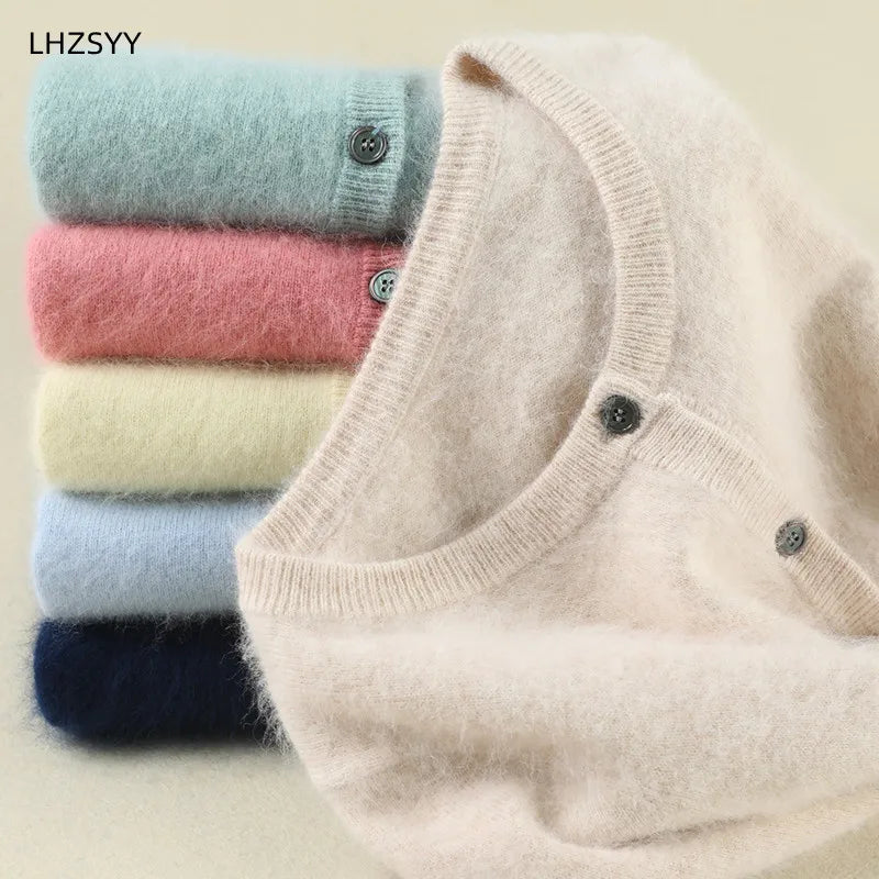 Women Cardigan Large Size Warm Pure Mink Cashmere Sweaters O-neck Loose Coat Female Sweater Ladies' Jacket Solid Knit Cardigans.