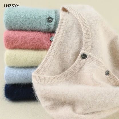 Women Cardigan Large Size Warm Pure Mink Cashmere Sweaters O-neck Loose Coat Female Sweater Ladies' Jacket Solid Knit Cardigans.