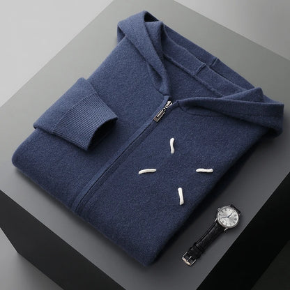 Men's 100% Cashmere Sweater Zipper Hooded Cardigan Warm Air Layer Thickened Jacket Jacquard Casual Knitted Wool Sweater