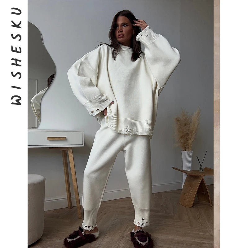 Two Piece Ripped Set Women Knit Tracksuits O Neck Long Sleeve Casual Baggy Sweatshirts+ Joggers Pants Outfits 2025 Fall Winter.