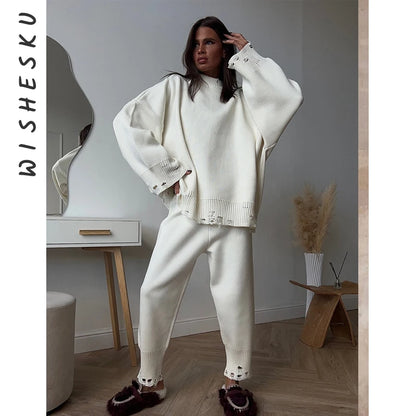 Two Piece Ripped Set Women Knit Tracksuits O Neck Long Sleeve Casual Baggy Sweatshirts+ Joggers Pants Outfits 2025 Fall Winter.