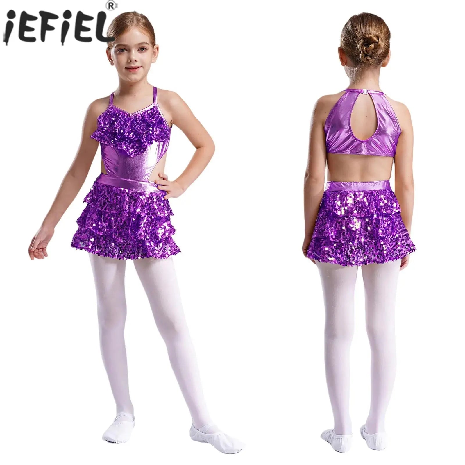 Teenager Mädchen Cha-Cha Jazz Latin Dance Samba Rumba Tango Performance Kostüm ärmelloses metallisch glänzendes Pailletten-Bodykleid mit Ausschnitt.