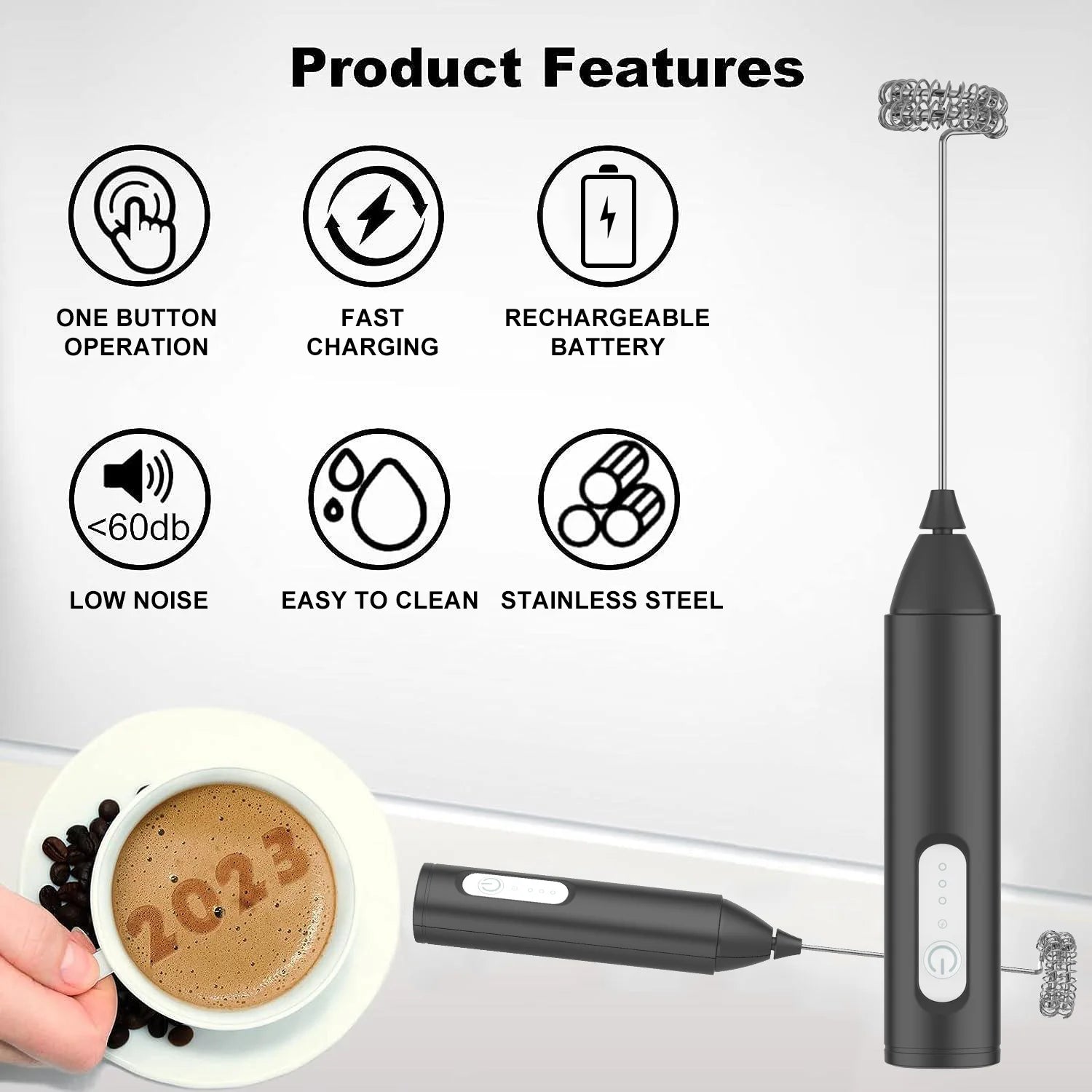 MINI Milk Frother USB Rechargeable 3 Speeds Foam Maker Coffee Whisk Mixer Electric Handle Blender Egg Beater.