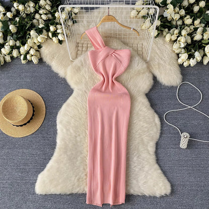 SINGREINY Einzelnen Schulter Tinte Stricken Kleid Backless Tank Gestreiften Schlank Bodycon Sommerkleid Frauen Sommer Beachwear Sexy Chic Vestidos.