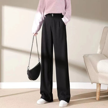 2024 Autumn Winter Women Concise Woolen Pants Lady Wide Leg Designer Outside Trousers Female Thicken High Waisted Draping Pants.