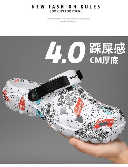 Plus Size 47 Men's Clogs 2025 Summer Sandals Beach Slippers Flat Sandals Men Leisure Slides Creative Printing Man Casual Shoes