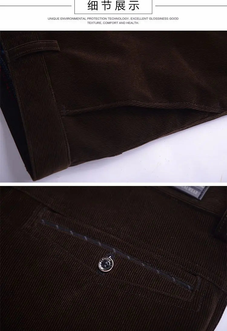 Business Casual Men Corduroy Pants Autumn Winter New Solid Zipper Pockets Simplicity Fashion Loose Thicken Straight Trousers.