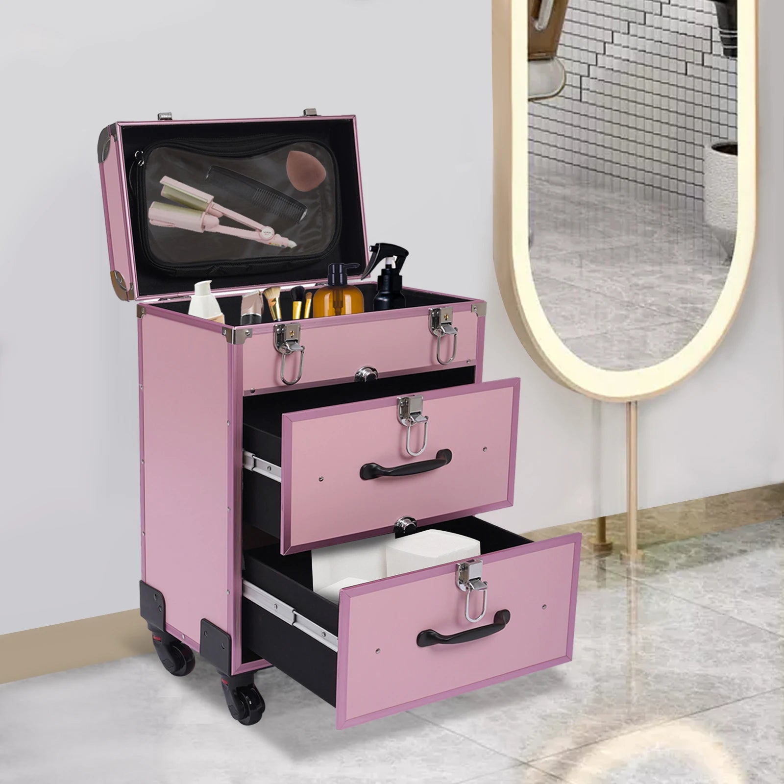 3 in 1 Rolling Makeup Case with Drawer, Large Makeup Case Organizers, Profesional Cosmetic Case for Salon Barber, Light Pink.
