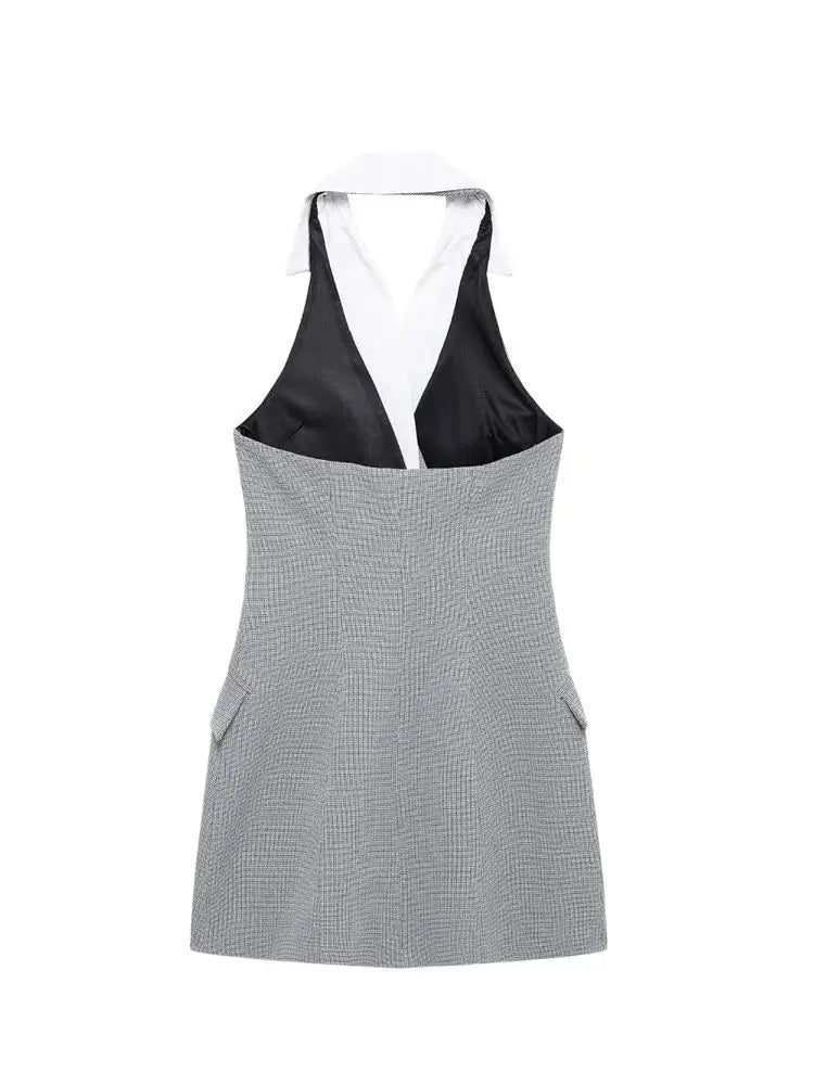 TRZA Mode Zweireiher Plaid Halter Mini Kleid für Frauen Front Klappen Taschen Backless Weibliche Kleider Vestidos Mujer.