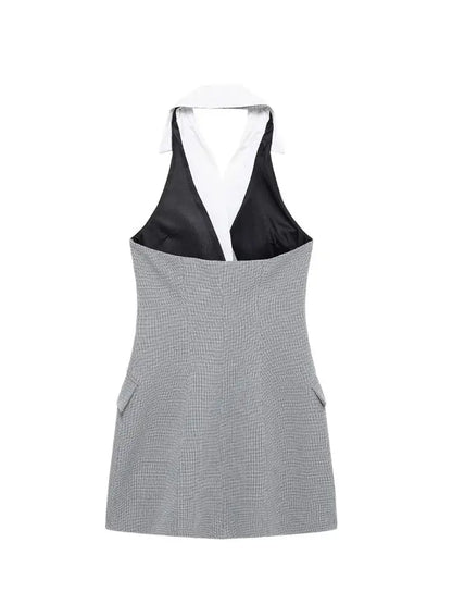 TRZA Mode Zweireiher Plaid Halter Mini Kleid für Frauen Front Klappen Taschen Backless Weibliche Kleider Vestidos Mujer.
