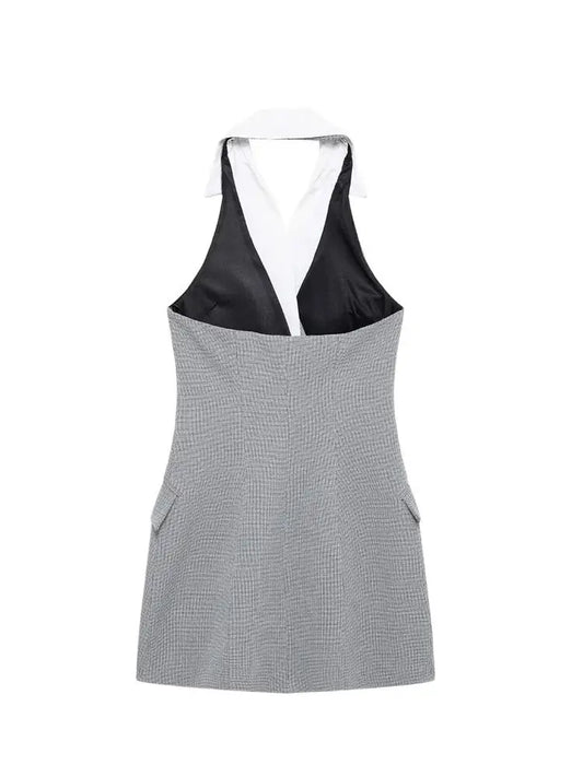 TRZA Mode Zweireiher Plaid Halter Mini Kleid für Frauen Front Klappen Taschen Backless Weibliche Kleider Vestidos Mujer.