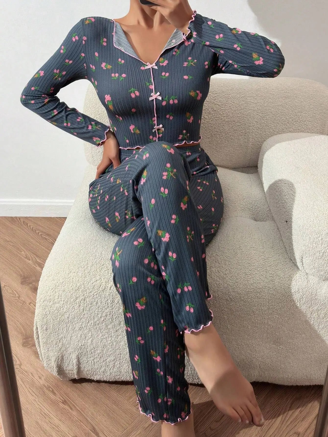 Y2K Nette Floral Gerippte Pyjama Set Frauen Langarm V-ausschnitt Zwei Stück Nachtwäsche Homewear Herbst Winter Bogen Salat Trim Neue Heiße.