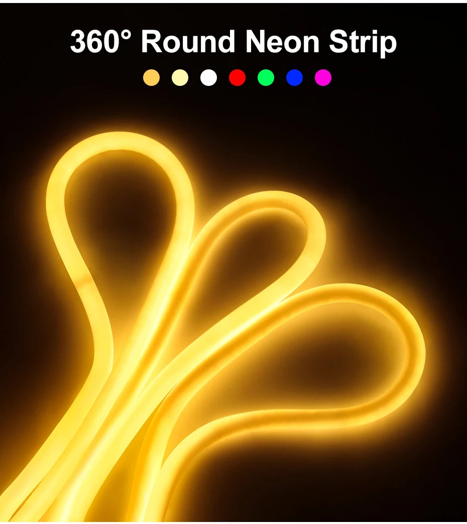 360 Round LED Neon Tube 220V Led Strip Light 120leds/m 2835 Flexible Tape Led Lights IP67 Waterproof for Indoor Outdoor Decor.