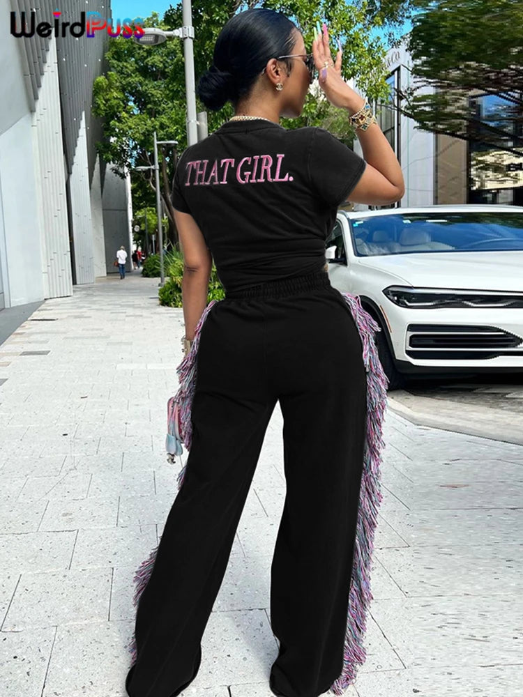 Weird Puss Casual Sporty 2 Piece Set Women Letter Embroidery Crop Tops+Side Tassel Straight Pants Matching Streetwear Tracksuits