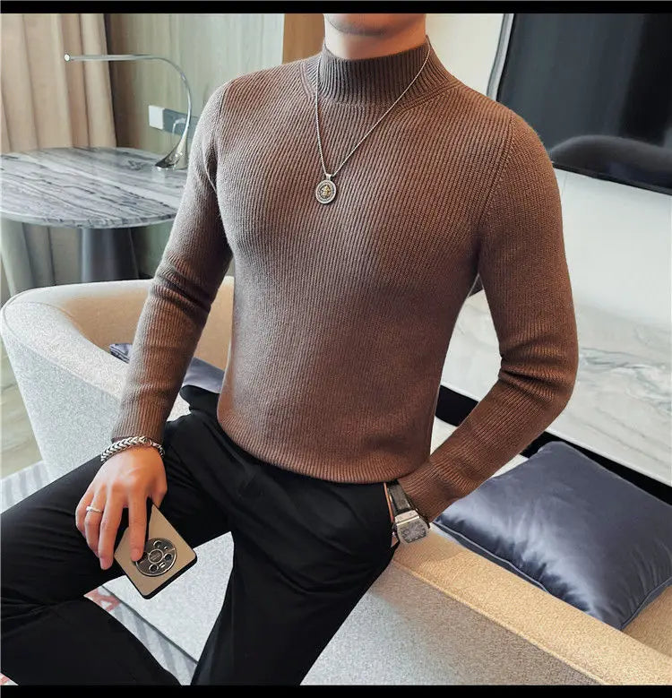 Half Turtleneck Sweater Men with Striped Wool in Autumn Winter Thickened Slightly Loose Base Knitted