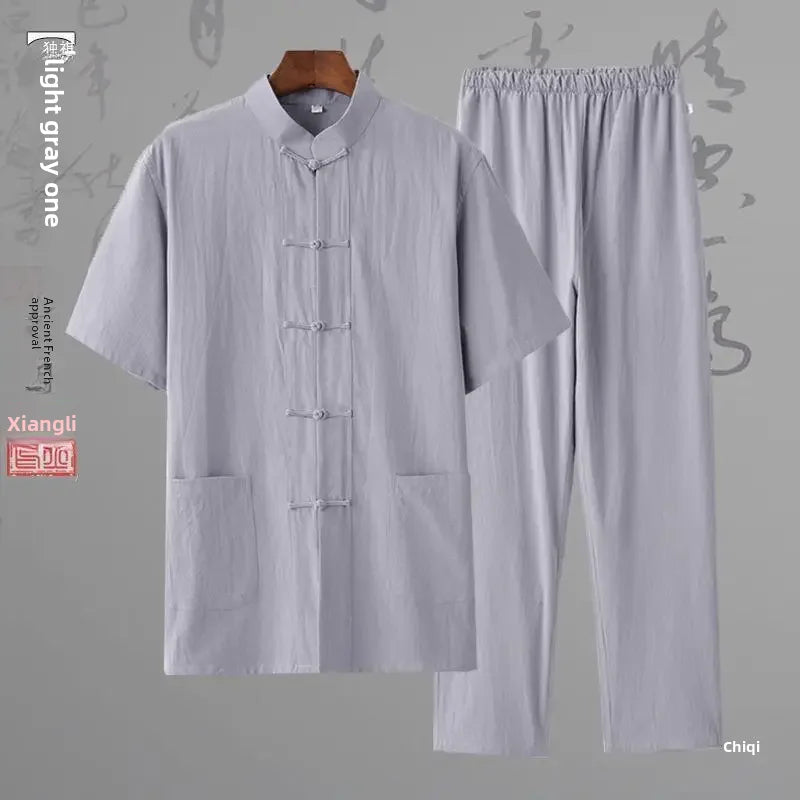 Traditional Chinese Men's Tang Suit Cotton Linen Ancient Costume Tea Servant Zen Meditation Clothing Middle Mountain Hanfu