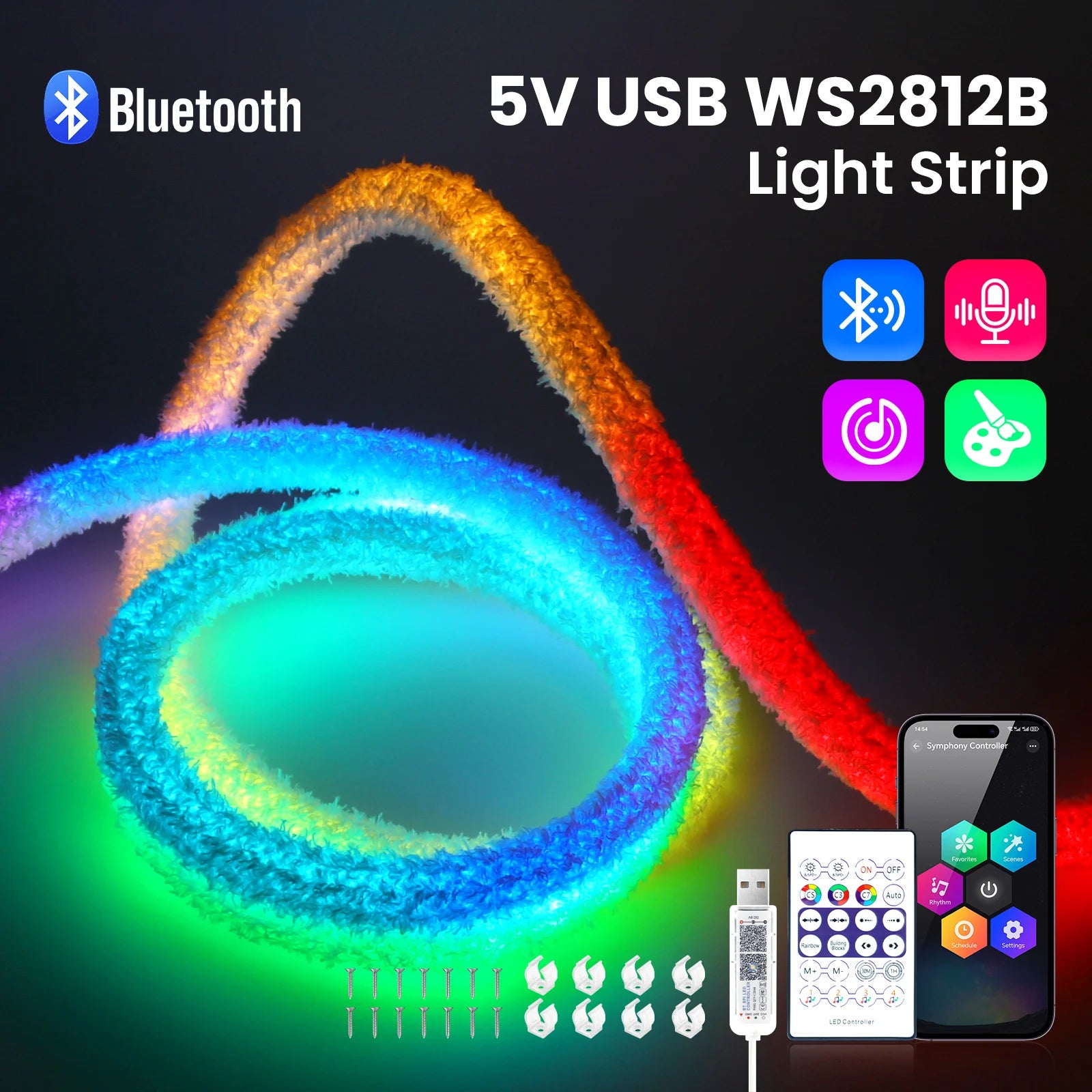 DC5V USB RGB LED Round Neon Light Strip Music Sync Control with App/Remote Addressable Lamp IP67 Waterproof for Indoor Outdoor.