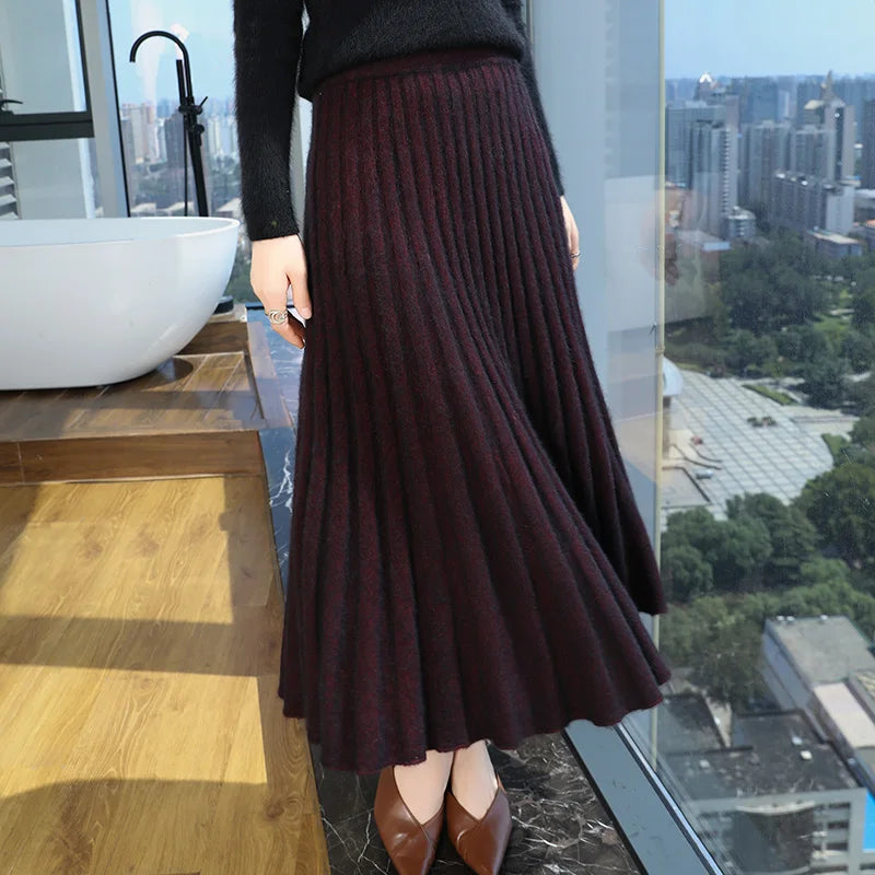 Autumn And Winter Fashion Mink Cashmere Mid Length High Waist Skirt For Women, Knitted Umbrella Skirt, Fashionable Pleated Skirt