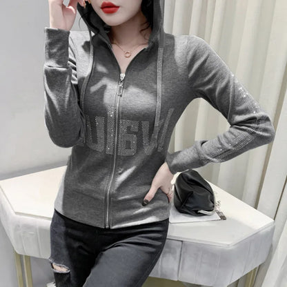 #7937Black Grey Women Hoodies Sweatshirt Tops Pullovers Diamonds Letters Slim Streetwear Short Hoodies Woman Zipper Korean Style.